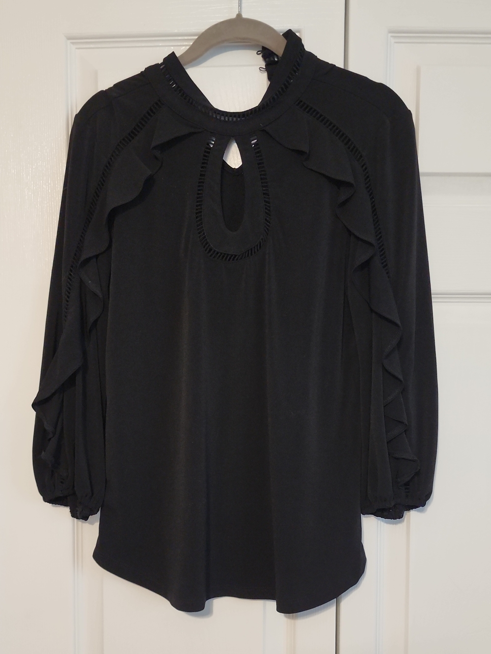 Black Ruffle Keyhole Blouse with Pintuck Trim